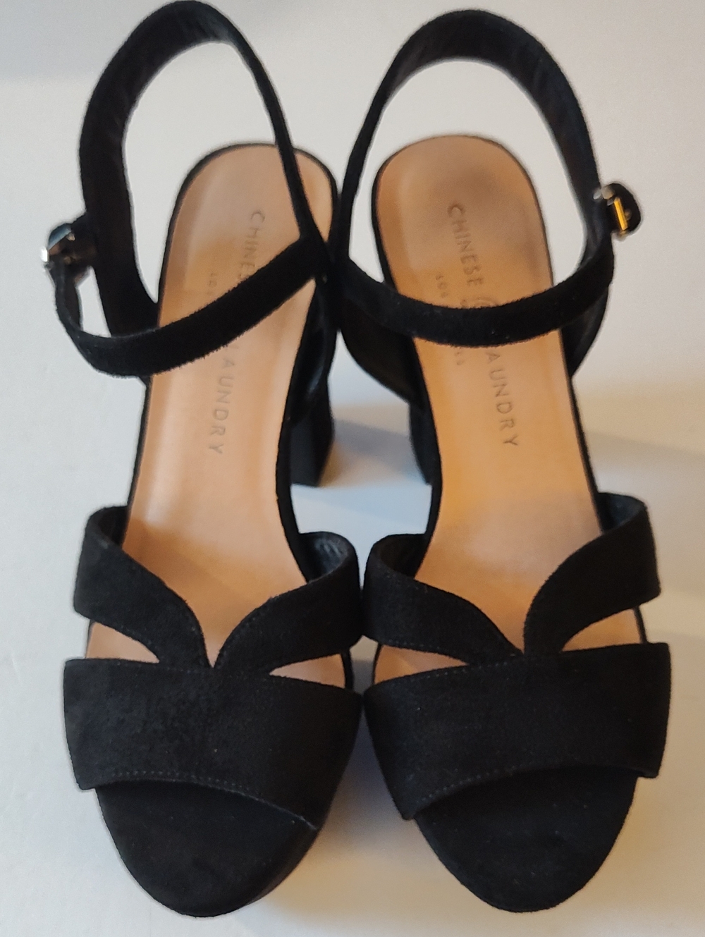 CHINESE LAUNDRY Black Suede Block Heel Ankle Strap Sandals Size 38 US 7.5